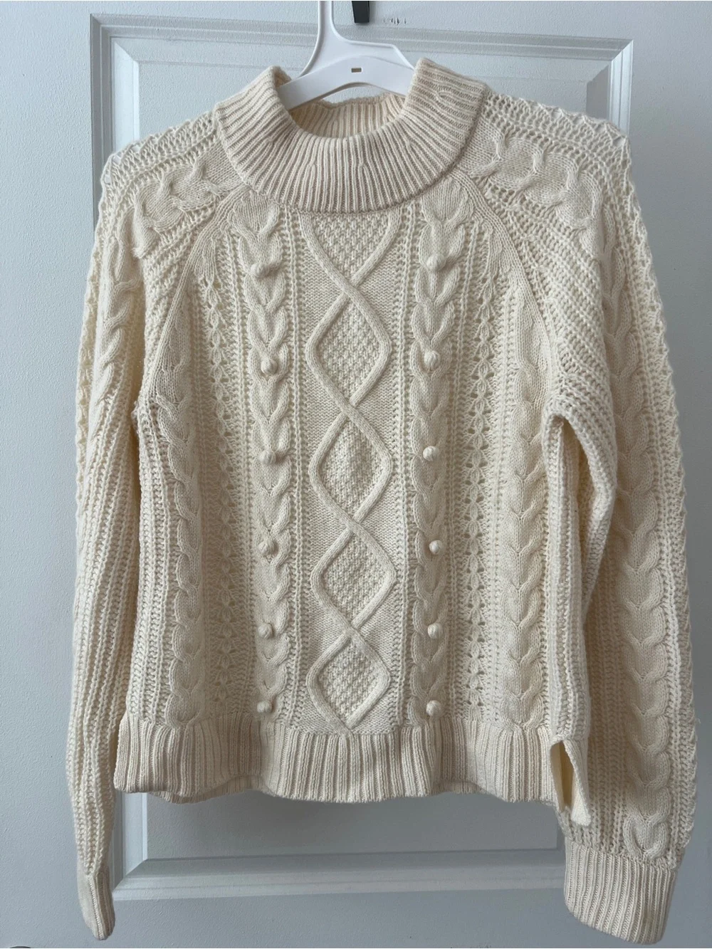 J. Crew Pom-Pom Cable-Knit Sweater Cream Lambswool Blend Small